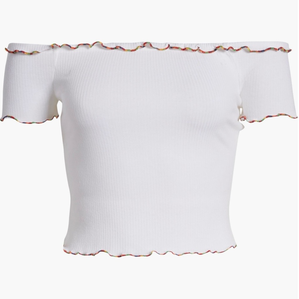 White Off-Shoulder Top with Rainbow Trim